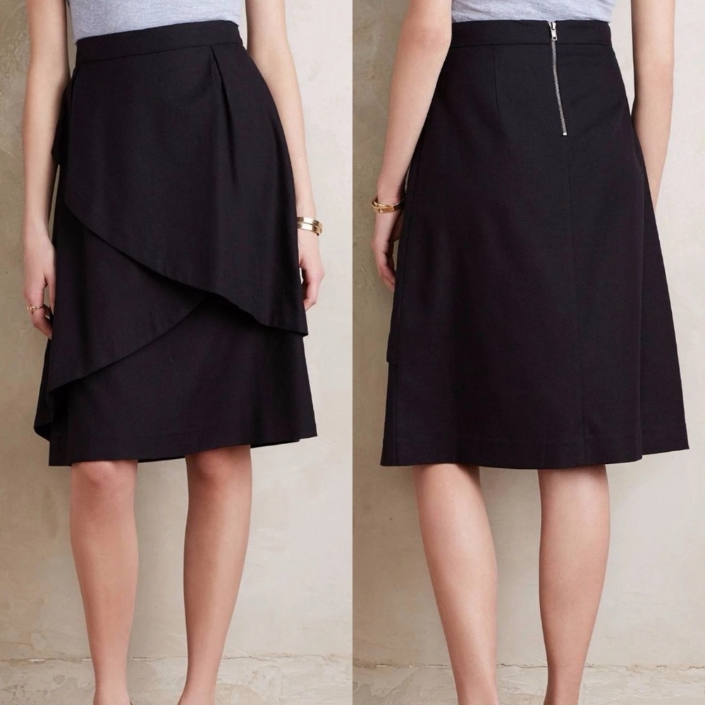 Anthropologie Maeve Origami midi skirt black layered a-line cotton linen size 8